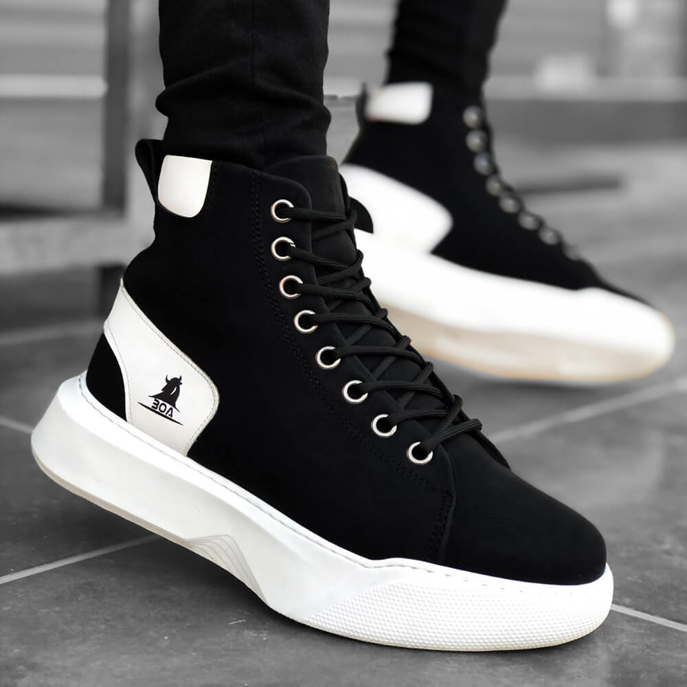 Mens High Top Sneakers - Black White - 0155 - 2