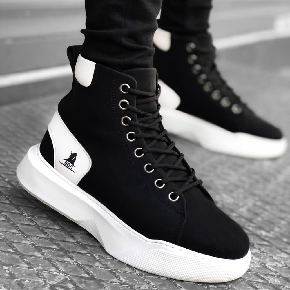 Mens High Top Sneakers - Black White - 0155 - 2