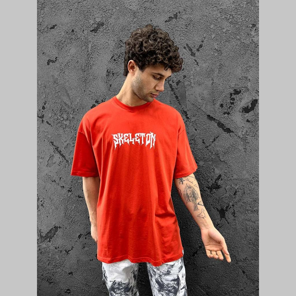 Mens Oversized T-shirt - Red - Skeleton