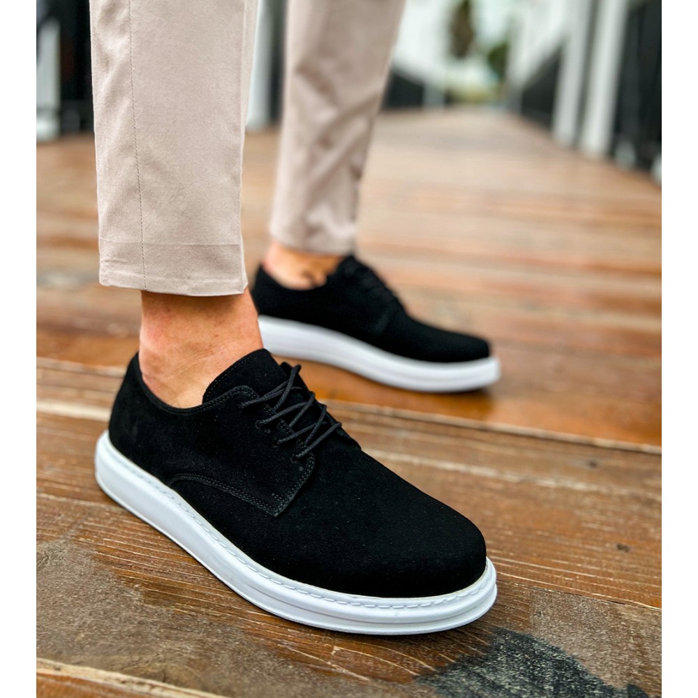 Mens Classic Shoes - Black White Suede - 003