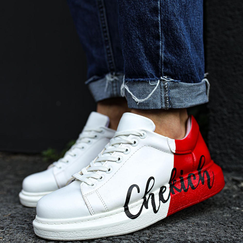 Mens Sneakers - White Red Painted - 254